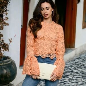 Ina Orange/Peach Cropped Flowy Bell Sleeve Blouse
